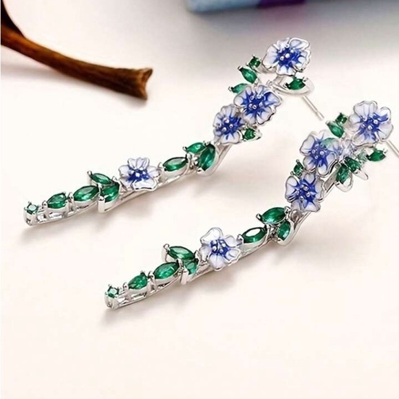 NIB 925 Plated Enamel Flower Inlay Drop Earrings with Crystal Accents - Picture 2 of 16